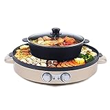 Elektrisch Hot Pot Tischgrill 2 in 1 Korean Barbecue Grill Haushalts-Hot-Pot 2200W Doppelte Trennung Elektropfanne, 44cm Grillpfanne, Rauchfreie Antihaftbeschichtung (Gold)