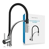 Bächlein Küchenarmatur Assaranco – 360 Grad schwenkbar (Chrom) – Einhand-Spültischbatterie mit flexiblem Hals und Brause mit Umschalt-Taste, Küchen-Wasserhahn mit magnetischer Halterung