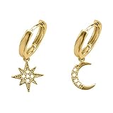 BONNYBIRD® Ohrringe Mond und Stern Gold - Creolen mit Anhänger Mond Ohrringe Stern, Asymmetrische Ohrringe mit Anhänger