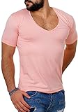 Young & Rich/Rerock Herren Uni T-Shirt mit extra tiefem V-Ausschnitt Slimfit deep V-Neck Stretch dehnbar einfarbiges Basic Shirt, Grösse:L, Farbe:Rosa