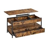 VASAGLE Couchtisch, höhenverstellbarer Wohnzimmertisch, Kaffeetisch, mit Schubladen, offenes Fach, 50 x 100 cm, vintagebraun-tintenschwarz LCT209K01