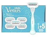 Gillette Venus Extra Smooth Sensitive Rasierer Damen, Damenrasierer + 6 Rasierklingen mit 5-fach Klinge, Frauen Geschenk