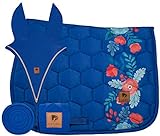DotiBel 3-Teil. Set: Bandagen&Ohrenhaube lang (königsblau) + Schabracke/Sattelunterlage in königsblau mit einem Blumenstreifen in rot und türkis (Full-DL/DRE)