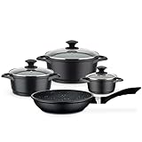 GSW Kochtopf- und Pfannenset Gourmet Granit – hochwertiges Set bestehend aus Töpfen und Pfanne, inkl. Deckel, auch für Induktion und Backofen – Aluguss, 7-teilig, Schw