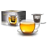 Creano Jumbo Tee-Tasse XXL aus Glas mit Henkel und integriertem Edelstahlsieb | 450ml