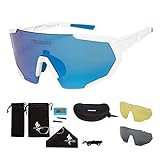 FREE SOLDIER Polarisierte Sport Sonnenbrille mit 3 Wechselgläsern für Herren Damen Fahrradbrille UV400 Leichte Rennrad Brille Beim Reiten Wandern Segeln Angeln Fahren Golf(Weiß + Blau)