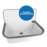 kör4u Ausgussbecken weiß 50cm, aus robustem Stahl für Keller, Waschküche, Garten, Spülbecken, inkl. Abflussstop