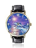Fantastische springende Delfin und Sonnenuntergang Damen Herren Uhren, Fashion Unisex Leder Casual Quarz Armbanduhr Uhren