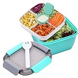 Cslada Lunchbox 1.5 Liter Salatbehälter mit Getrenntem Dressingtöpfe und Besteck, Auslaufsichere Salatschüssel to Go mit 3 Fächern für Salattoppings und Snacks, Salatbox aus Kunststoff (Grün)