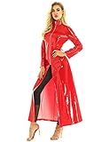 Doomiva Damen Wetlook Lang Kleid Ledermantel mit Reißverschluss Unisex PVC-Leder Übergangsjacke Partykleid Halloween Fasching Kostüm Rot L