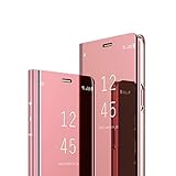 Hnzxy Kompatibel mit Huawei P30 Lite Hülle Handytasche,Handyhülle für Huawei P30 Lite Überzug Spiegel Hülle Clear View Flip Case Wallet Magnet Schutzhülle Lederhülle Etui,Rose Gold