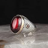 Dltmysh Antik Ring 925 Sterling Silber Ring for Männer Rot Natürliche Zirkon Stein Schmuck Vintage Geschenk Onyx Aqeq Herren Rings Alles Größe (Ring Size : 11)