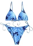 Yutdeng Damen Zweiteiliger Gepolsterte Bikini Set Tie-Dye-Druck Spitze Dreieck Cup High-Cut Gebundene Bikini Badeanzug (Blue,M)