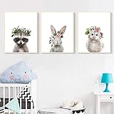 LLXXD Hochauflösende Moderne Malerei Tierblumen Kinderzimmer Wandbilder Kaninchenmalerei Leinwand Wandkunst Bilder-40x60cmx3 （kein Rahmen）