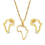 QDGERWGY Kleine Afrikanische Umrisskarte Halsketten Ohrstecker Sets Gold Farbe Edelstahl Afrika Karte Schmuck Party Sets