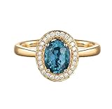 ANAZOZ 18 Karat Gelbgold Damen Ring 750, 1.15ct London Blau Topas Verlobungring Klassisch Hochzeitsring mit 0.14ct Diamant Solitärring Ehering Echtschmuck