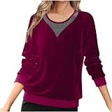 Dyhxuan Bluse Damen Patchwork Gold Samt Shirt Große Größen Stretch Langarmshirt Elegant Party Basic Oberteile Festliche Party Outfits Locker Longsleeve Tops Exquisit Bequem Langarm Pullover B