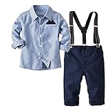 FAIRYRAIN 2-Teiliges Kleinkind Jungen Babyanzug Gentleman Kinder Langarm Hemd + Hose mit Träger Anzug Kleidung Set, Blau, EU:98