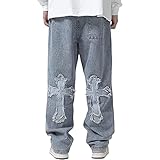 Sawmew Herren Hip Hop Baggy Jeans Fashion Print Loose Fit Wide Leg Y2k Harajuku Denim Pants (Color : Blue, Size : M)