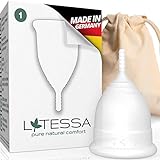 LATESSA® Menstruationstasse S, sehr gut getestet, Made in Germany, extra hochwertig, geruchlos,, bpa-frei, mit Beutel aus BIO-Baumwolle, Alternative zu Tampons & Binden, Größe 1, klein