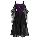 Damen Übergroßes Mesh Mittelalter Kleid Gothic Maxikleid Schnürkleid mit Schmetterlingsärmeln Renaissance Cosplay Dress Party Festlich A-Linie Halloween Kostüm