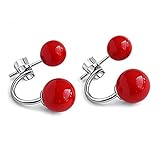 YAXUN Damen Rote Ohrringe 925 Sterling Silber Ohrstecker Halbrund Doppel Rot Natürliche Korallen Perlen Ohrringe Modeschmuck Für Frauen Mädchen