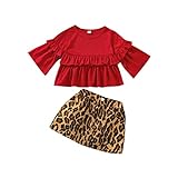 2Pcs Kleinkind Kind Baby Mädchen Rüschen Langarm Top + Knopf Leopard A-Linie Rock Sets Herbst Winter Kleidung Outfits (Rot, 100cm)