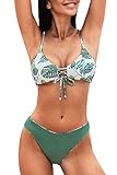 CUPSHE Damen Bikini Set mit Schnürung Tropischer Blätterprint Beidseitige Bademode Zweiteiliger Badeanzug Ozeangrün XL