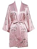 BABEYOND Morgenmantel Damen Kurz Blumen Muster Kimono Satin Robe Sommer Leicht Bademantel Mini Damen Schlafmantel Elegant Nachtwäsche (Rosa)