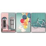 Modern abstract bicycle and balloon pink romantic architecture art poster nordic minimalist living room home decor art (40x70cm/15.7×27.6inch)×3pcs Frameless
