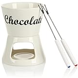 com-four® 4-teiliges Schokoladenfondue-Set - Keramikschale mit 2 Gabeln für 2 Personen mit Teelichthalter - Keramik-Fondue (weiß-Schriftzug)