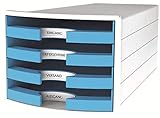 HAN Schubladenbox IMPULS 2.0 mit 4 offenen Schubladen für DIN A4/C4 inkl. Beschriftungsschilder, Auszugsperre, möbelschonende Gummifüße, Design in premium Qualität, 1013-54, weiß / hellblau