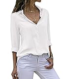 Cassiecy Damen Bluse Chiffon Elegant V-Ausschnitt Langarm Casual Oberteile Hemd Lose Langarmshirt Tops(Weiß,XL)