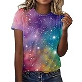 Galaxy Shirt Damen Stern Weltraum Tshirt Mode Oberteile t-Shirts für Damen Galaxie Drucken Lässiges Streetwear Blusen Sportshirt Damen Tee Fit Glitzer Blusen O