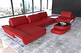 Ledersofa Ferrara als U-Form Wohnlandschaft mit USB Beleuchtung Sofa mit Kopfstützen Designersofa Couch (Ottomane Links, Rot-Schwarz)