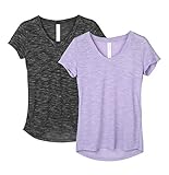 icyzone Damen T-Shirt Kurzarm V-Ausschnitt Yoga Tops Casual Sport Shirt, 2er Pack (XL, Black/Lavender)