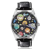 Emoji Space Planet Uhren Quarz Armbanduhr für Damen Herren Business Originalität Unisex Leder Silber Zifferblatt Armbanduhren, silber