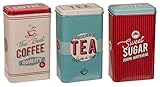 MIK Funshopping 3-TLG Set Retro Metall-Dose Blechdose Coffee, Tea & Sugar - Kaffeedose, Teedose, Zuckerdose mit Deckel (Vintage Design)