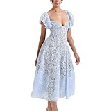 cffvdiz Sexy V-Ausschnitt Vintage Spitze Formal Kleid Kurzarm Hohe Taille A-Linie Midi Kleider,Blau,XL