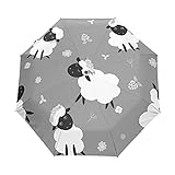 Schwarz-weiße Schafe, Lämmer, wilde Blumen auf dunkelgrauem Hintergrund, automatischer Faltschirm, tragbarer starker Reise-Regenschirm, automatisches Öffnen/Schließen, leicht, kompakt, UV-Schutz.