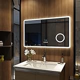 Meykoers led Badspiegel 100x60cm Badezimmerspiegel mit Beleuchtung Wandspiegel mit Touch-Schalter 3 Arten von Licht mit Beschlagfrei Bluetooth und 3X Lupe