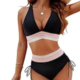 Hauetro Bikini Damen Set 2025 High Waist Bikini Sexy V-Ausschnitt Badeanzug Farbblock Zweiteiliger Kordelzug Badeanzüg