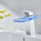 Auralum LED Bad Wasserhahn, Wasserfall Glas Waschtischarmatur, Einhandmischer Waschbecken Armaturen mit RGB 3 x Farbewechsel für Badezimmer
