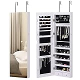 HOMCOM Schmuckschrank Spiegelschrank Wandschrank mit LED Wand-/Türmontage MDF Weiß 37 x 120 x 10