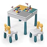 Tisch Stuhlsets Kinder, 90 Stück groß Ziegelbau Spielzeugset.5-in-1 Multi AktivitätTisch/Lerntisch Enthält 2 Stuhl und Bausteintische, kompatible große/kleine Bausteine