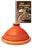Tajine, original aus Marokko, inklusive Kochbuch Nord Afrikanische Küche, Tontopf zum Kochen, Tuareg Ø 30cm, für 4-5 Personen, handgetöpfert aus Marrakesch, frei von Schadstoffe