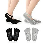 TSHAOUN 2 Paare Damen Yoga socken,Zehensocken für Yoga,Sticky Rutschfeste socken Sportsocken,Gummisohlen Fünf Zehen Socken für Pilates Yoga,Größe: UK 4-6 | EUR 36-39 (2 Farben)