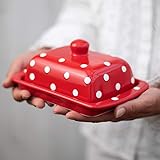 City to Cottage - Butterdose Keramik | Rot und Weiß | Polka Dots | Handgemacht | 250 Gramm Keramik Butterdose mit Deckel