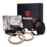 VIA FORTIS Premium Turnringe aus Holz inkl. Gurte, Tasche & Workout-Guide – Gym Ringe für Calisthenics & Crossfit in Wettkampfausführung – extrabreite Gurte mit Markierungen