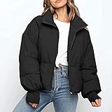 Yokbeer Damen Cropped Fit Pufferjacke mit Breitem Stehkragen Modern Frauen Winterjacke Kurz Geschnitten Wattierte Steppjacke Jacke Winter Puffer Jacket (Color : Black, Size : M)